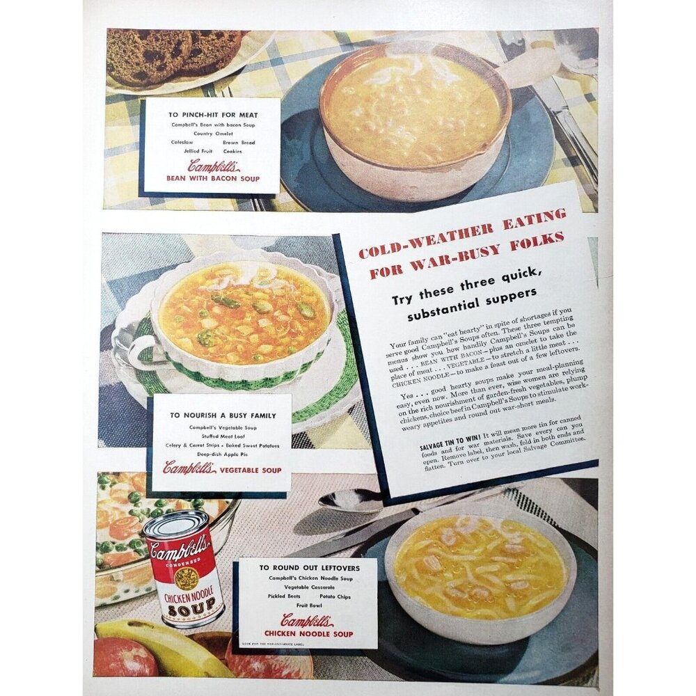 PRINT AD 1943 Campbells Soup Cold Weather Eating for War Busy Folks WWII